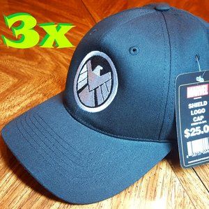(3x) MARVEL SHIELD LOGO BLACK CAPS - Adjustable Size - THREE Hat Bundle